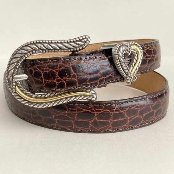 Vintage Brighton Womens Brown Leather Belt Imitation Alligator Size 28 Small - Picture 1 of 16